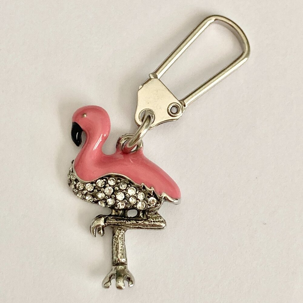 Pink Flamingo Bird Zipper Pull Clip On Purse Charm Backpack Silver Plated Island - Picture 3 of 9